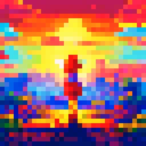 Sun-kissed, doe-eyed anime girl admiring the fiery sky as the sun sets behind a vibrant pixel art landscape, featuring a dreamy sRGB background