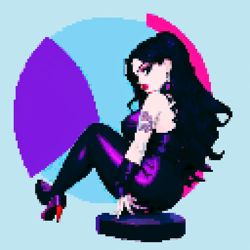 curvy goth girl sitting, black hair, purple eyeshadow, red lipstick, rear end view, rear view glamour shot, pixel art, vibrant sRGB colors, edgy aesthetic, pixel art, sRGB