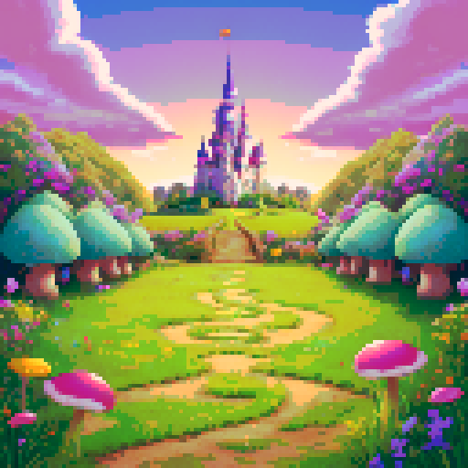 A magical battle arena with a slightly tilted grassy battlefield in the foreground, sloping upward into the distance. The bottom-left corner is clear for the player's perspective, while the middle-right shows vibrant mushrooms, glowing flowers, and the path leading toward a tall, enchanting castle in the background. The entire scene is framed by luminous trees and pastel skies, blending whimsy with balance.