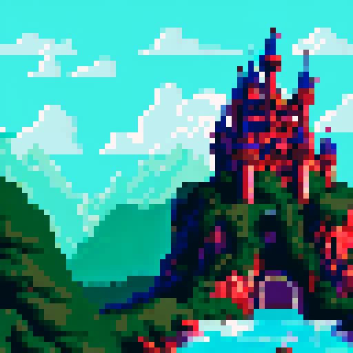 Medieval castle, towering under a dark, ominous sky, surrounded by a misty forest