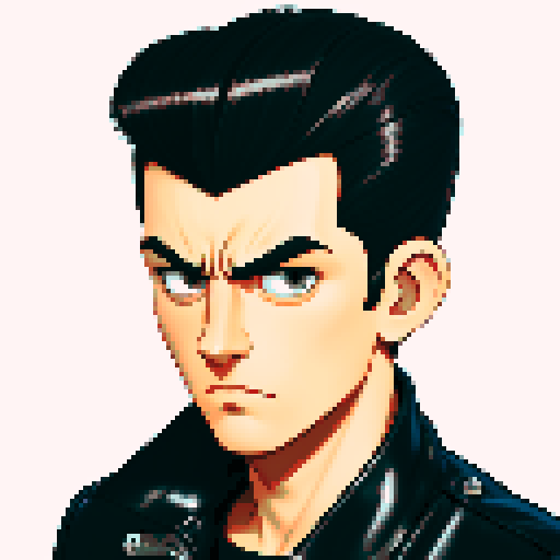 Tough Greaser wearing motorcycle jacket with pompadour hairstyle, srgb colors.