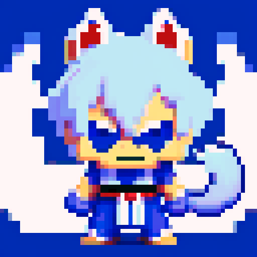 beast man with wolf ears and tail, white hair, brilliant blue yukata, pixel art, sRGB, 2D game stance