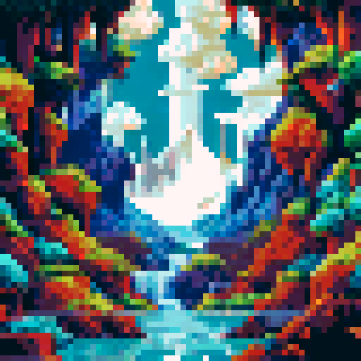 A towering, snow-capped mountain range stretches across the horizon, its jagged peaks piercing through the clouds, all in the vibrant hues of sRGB, set against a pixel art background of a serene and sprawling landscape