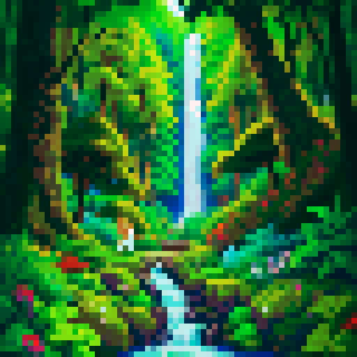 Towering evergreens and a cascading waterfall in the background, a lone fox darts through the vibrant underbrush in a pixelated forest landscape