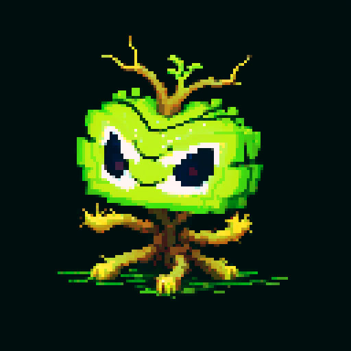 A large, powerful creature made of intertwined vines and roots. It has sharp thorns, glowing yellow eyes, and a fierce expression. It moves with a menacing grace, ready to ensnare its enemies. No background.
