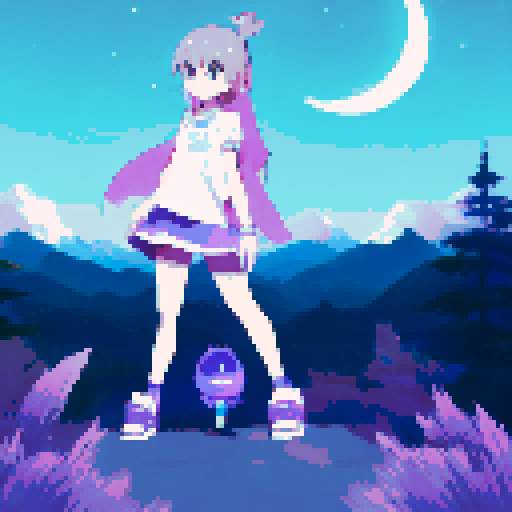 Lonesome girl, wrapped in cozy blanket, peers at sparkling stars with melancholic look while crescent moon shines on grassy knoll below her; all depicted in somber anime-style with hues of indigo and violet.