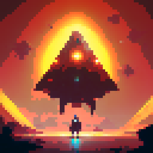 alien spaceship, triangular shape, top down view, vibrant colors, pixel art, glowing lights, metallic exterior, sleek design, futuristic aesthetic, retro-inspired, intricate details, geometric patterns, otherworldly presence, sci-fi atmosphere, red