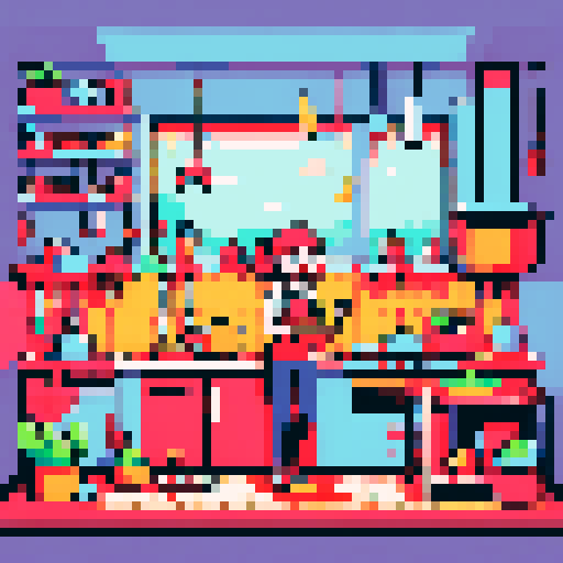 cute, vibrant, and playful, while cooking a delicious meal in a colorful kitchen filled with whimsical utensils and ingredients