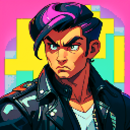 semi muscular greaser with pompadour and leather vest, 8-bit pixel art, vibrant sRGB colors, retro arcade game style
