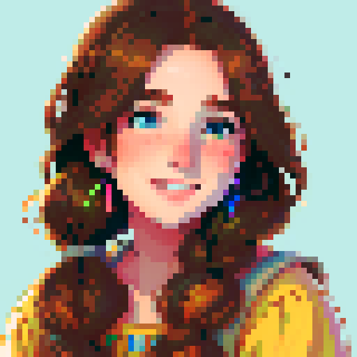 stardew valley-inspired, woman, pixel art, sRGB, vibrant colors, rustic backdrop, braided hair, glowing skin, gentle smile, freckles, rosy cheeks