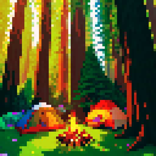 Redwood trees towering, dense foliage, sunbeams piercing through, campfire crackling, tents pitched, people roasting marshmallows, pixelated art, vibrant colors, sRGB palette
