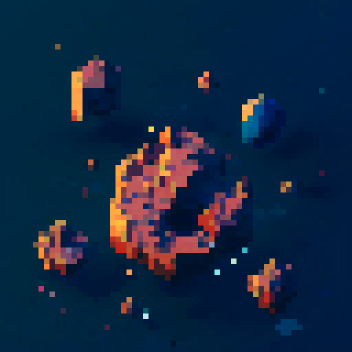 2d lifeless asteroid in empty space, retro aesthetic, pixelated details, wireframe outlines, geometric shapes, low-resolution textures, pixel art style, sRGB color space View from above. 