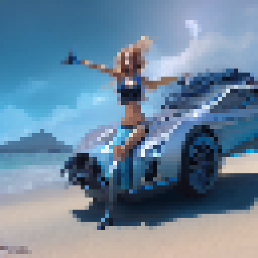 fantasy girl riding sport car on the beach