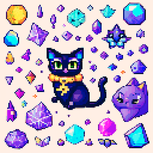 pixel art style collection of witchy objects such as moons cats moths wants stars crystals orbs etc whimsical cute witchy style