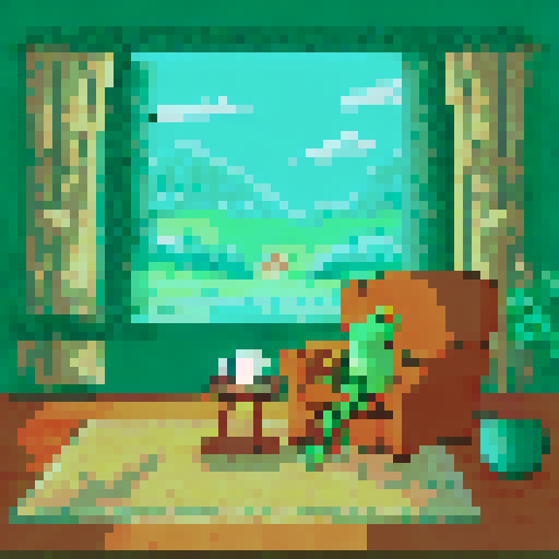 In the cozy ambiance of a dimly lit room, a small, jovial frog perches comfortably upon a plush couch chair, its diminutive size emphasized by the vastness of the furniture. The flickering flames of a nearby fireplace cast a warm glow, enveloping the space in a soft, golden light, creating an atmosphere of comfort and relaxation. With a mug clasped delicately between its tiny webbed fingers, the contented frog takes a sip of steaming coffee, its expression reflecting pure bliss.