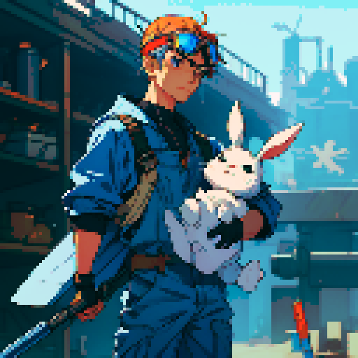Please give me a rabbit character in blue coveralls with welding goggles on his head, carrying a giant wrench