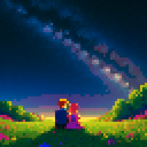 A serene, pixel-art cover image in Stardew Valley-inspired anime style. The main character sits on a grassy hill at night, silhouetted against a vast, star-filled sky. Beside him, the ghostly figure of his sister kneels, wrapping her arms around him in a comforting embrace. Both are gazing at a glowing, incomplete constellation of seven stars that dominates the sky, shimmering with mystical light. The hill is simple, dotted with faint wildflowers, while the stars and the celestial atmosphere are