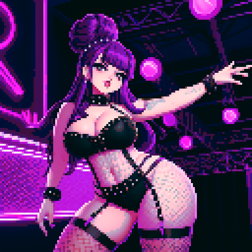 Thicc, curvy, busty goth babe with studded collar, long purple hair in buns, fishnet stockings, studded halter top, dancing on nightclub. . neon signage, pixel art, sRGB. 4:5 ratio