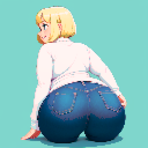 chubby, blonde, girl, jeans, long sleeve shirt, wide hips, very big butt, facing away from camera, looking back and smiling, kneeling, mooning, revealing buttocks, pixel art, sRGB