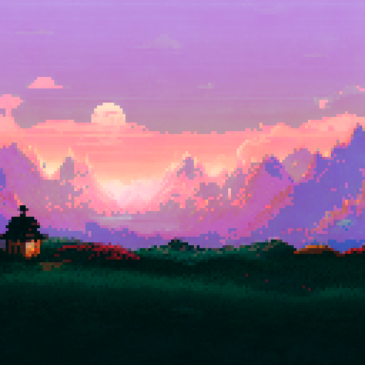 lantern light, shimmering glow, rustic wooden lantern, flickering flames, illuminating a tranquil garden, vibrant pixelated flowers, towering mountains in the distance, serene moonlit sky, sRGB color palette, detailed pixel art, immersive background, picturesque landscape