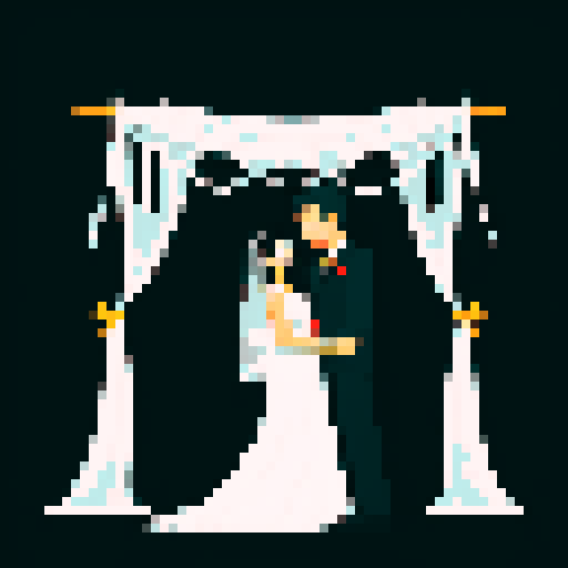 bride with fair skin, black hair, and tall stature, groom with ethnic features, under white cloth chuppah, at Jewish wedding, against black background, pixel art style, emphasizing sRGB