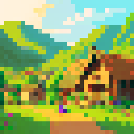 spirit of a peasant, vibrant colors, intricate details, low resolution, nostalgic feel, countryside landscape, sun-drenched fields, rustic charm, hand-drawn pixels, serene atmosphere, simplicity in design, lively brush strokes, warm color palette, textured surfaces, cozy cottage, humble abode, traditional attire, bustling marketplace, lively villagers