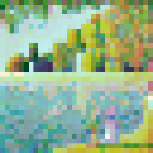 Create a 32-bit pixel art rendition of Georges Seurat’s ‘The River Seine at La Grande-Jatte’ using uniform square pixels. Capture the tranquil riverside scene with trees, water, and people relaxing on the shore. Use soft, harmonious, and muted colors to mimic Seurat’s impressionist style, translating his pointillist brushstrokes into evenly spaced square pixels. Focus on smooth transitions and subtle color blending, avoiding vivid or sharp tones, and emphasize a balanced, serene atmosphere.
