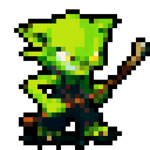 small, green-skinned humanoid creature with pointy ears, sharp teeth, and a crude wooden club, wearing ragged clothes, mischievous expression, lean, wiry build, dirt patches, scars, large glowing eyes, cunning glint, pixel art, sRGB