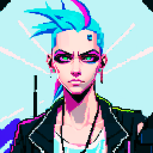 Cyberpunk hacker with neon hair, wielding futuristic swords in a dystopian cityscape, surrounded by glitching pixel art billboards