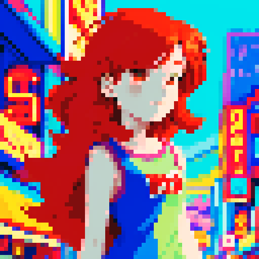 Char, vibrant red hair flowing in the wind, standing tall in front of a whimsical pixelated cityscape, surrounded by colorful characters and neon signs