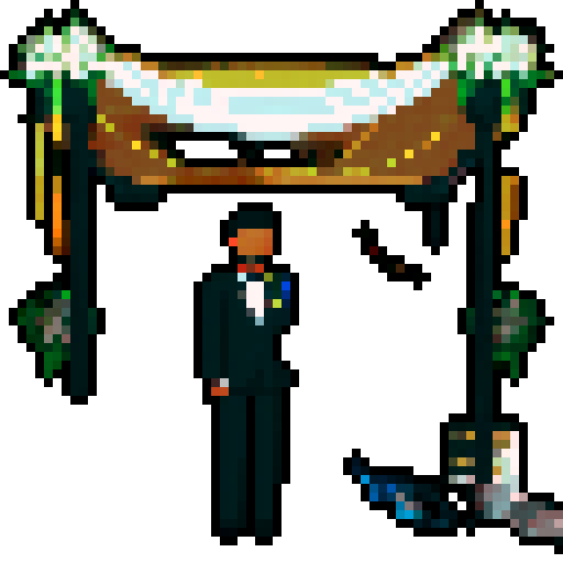 bride with fair skin, black hair, and tall stature, groom with ethnic features, both under white cloth chuppah, at a Jewish wedding, against a black background, in a flat color, pixel art style, emphasizing sRGB
