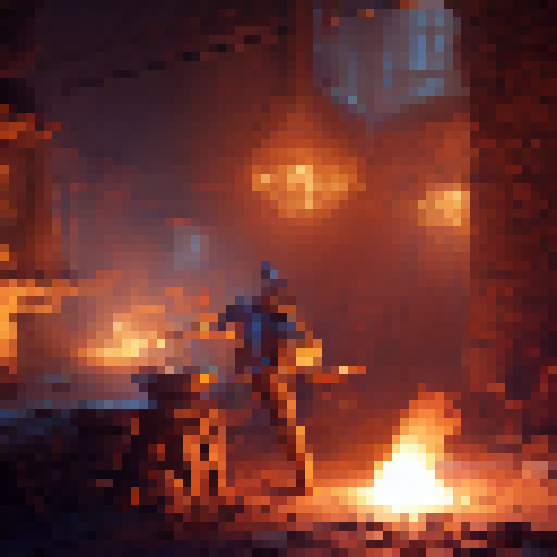 Glowing embers illuminate a rugged blacksmith's forge as a skilled craftsman hammers a shining, intricately-carved, magical broadsword, adorned with glowing runes, amidst a dimly-lit fantasy RPG world.