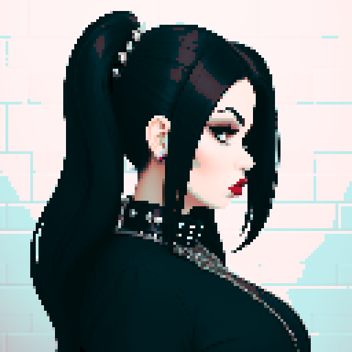 Side view of curvy, busty goth babe with studded collar. Full face portrait, 
 glamour shot. tile backsplash. Edgy aesthetic 