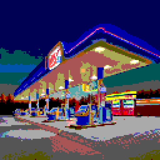 Gas station at night, illuminated by fluorescent lights, surrounded by a vast, starry sky, with a retro-inspired aesthetic, showcasing a pixelated landscape and a vintage gas pump