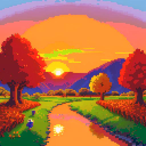 autumn sunset landscape, fire emblem style
