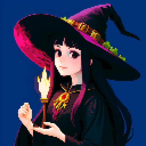 Young beautiful witch slightly facing right, with a whimsical and enchanting appearance.