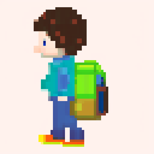 A single sprite of a young boy with a backpack on, pixel art, facing the camera, with a plain expression, on a plain background. His eyes are blue and his hair is brown. His backpack is red. He's wearing green hiking pants with brown shoes.