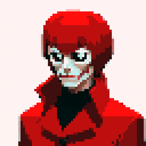 A creepy man wearing a red coat, with many physical deformity's.