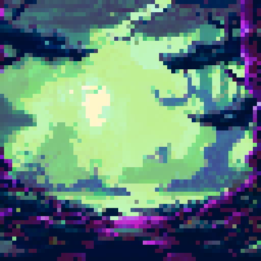 swamp floor tiles, murky and treacherous, eerie mist swirling, twisted trees looming, moonlight casting eerie shadows, dark fantasy landscape, pixel art sRGB