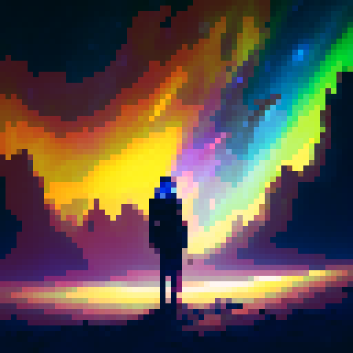 hyperrealistic silhouette of a black cat, galaxies and stars covering the night sky, aurora borealis, pixel art, sRGB