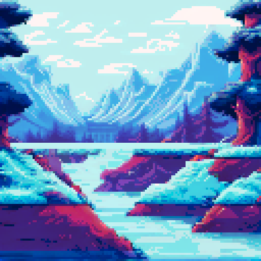 Frozen mountains looming behind a crystal-clear river, icy pine trees swaying in the wind, a small hero standing at the edge of the water, ready to jump into the unknown