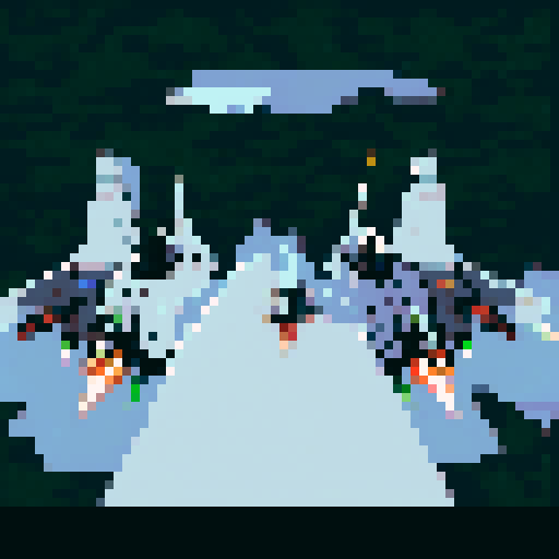 fighter jet squadron, sleek and powerful, soaring through the vast expanse of the sky, with vibrant pixelated details and a vibrant sRGB color palette