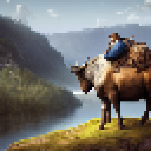 Bearded, portly man atop a majestic moose, traversing a sprawling landscape.