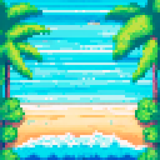 overhead view, vibrant beach, waves washing, sRGB, pixel art