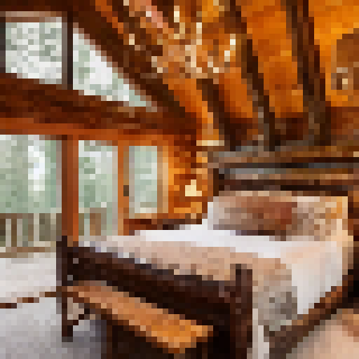 A cozy cabin nestled in a serene forest, featuring rustic wooden furniture, warm amber lighting, and a roaring fireplace.