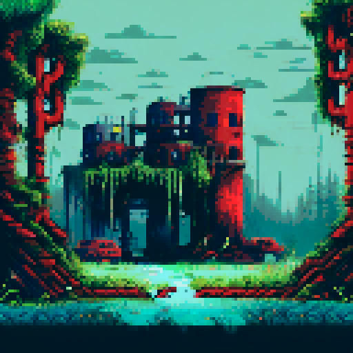 post-apocalyptic factory, hidden in the woods, abandoned machinery, rusted pipes, overgrown vines, decaying buildings, shattered windows, eerie silence, nature reclaiming, vibrant pixelated colors, sRGB palette, atmospheric landscape, yellowish/ green toxicated air
