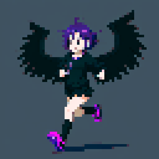Purple Haired anime girl wearing black clothes with a black angel wing, running