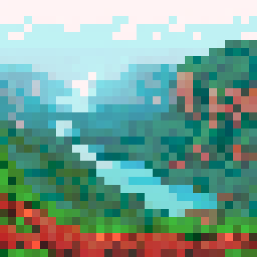 L-shaped lake on bottom on picture, shorline, rockface shelf for lean-too nearby, woods in the background