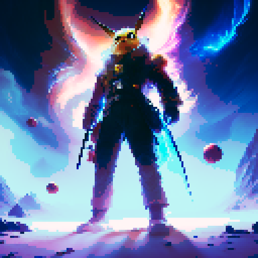 Pikachu Avatar, vibrant electric fur, fierce battle stance, wielding a lightning bolt staff, surrounded by glowing orbs, mystical ruins in the background, conjuring a thunderstorm