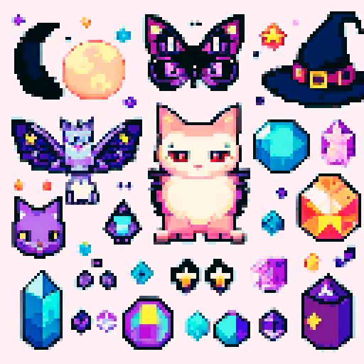pixel art style collection of witchy objects such as moons cats moths wants stars crystals orbs etc whimsical cute witchy style